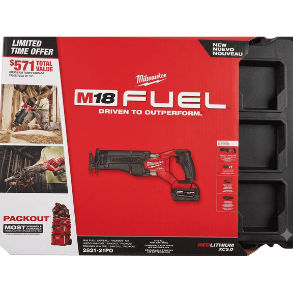 Milwaukee 2821-21PO M18 FUEL 18V Cordless Reciprocating Saw with 5.0 Ah Battery, 3,000 SPM