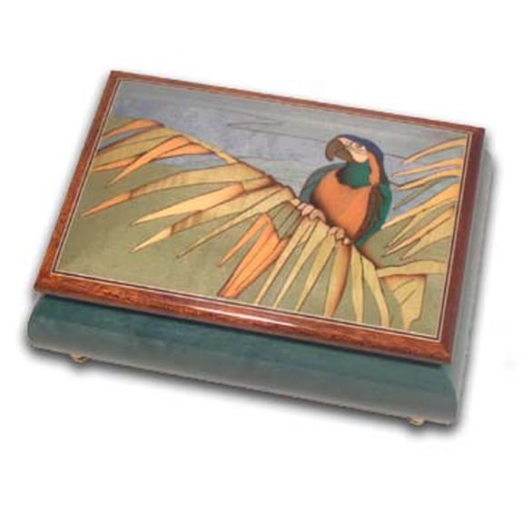 Tropical Parrot on a Palm Leaf Wood Inlay Musical Jewelry Box - Unforgettable