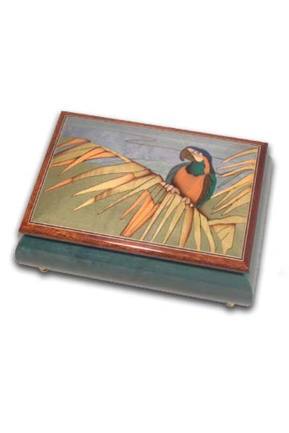 Tropical Parrot on a Palm Leaf Wood Inlay Musical Jewelry Box - Hush Little Baby