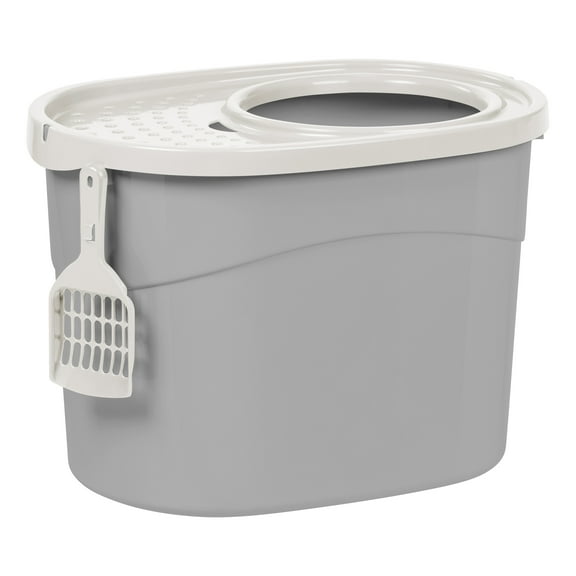 IRIS USA Oval Top Entry Cat Litter Box with Litter Catching Lid, Privacy Walls and Scoop, Gray/White