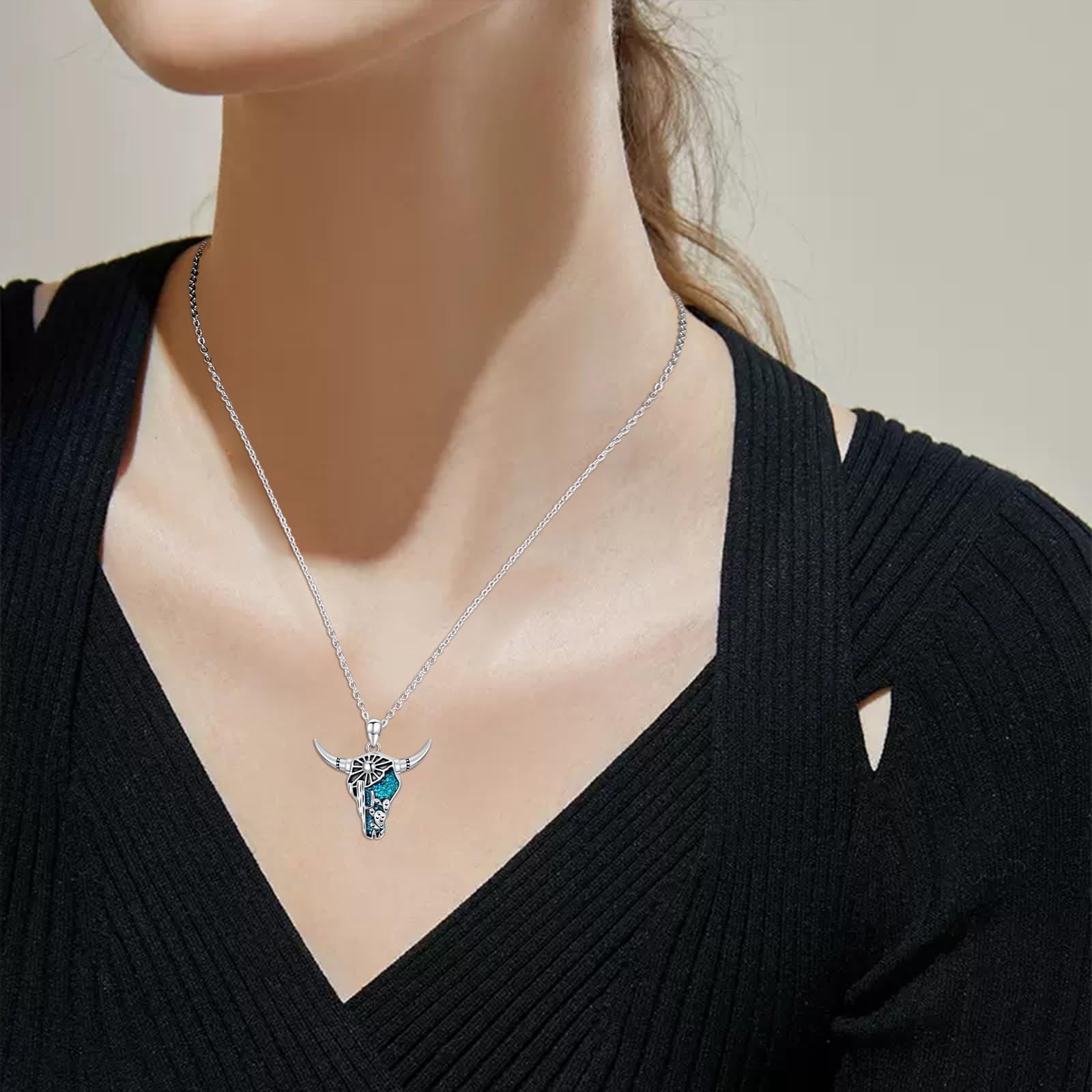 Coachuhhar Western Cow Skull Necklace 925 Sterling Silver Cactus Turquoise Pendant Necklace Jewelry Country Mothers Day Gifts for Mom Women
