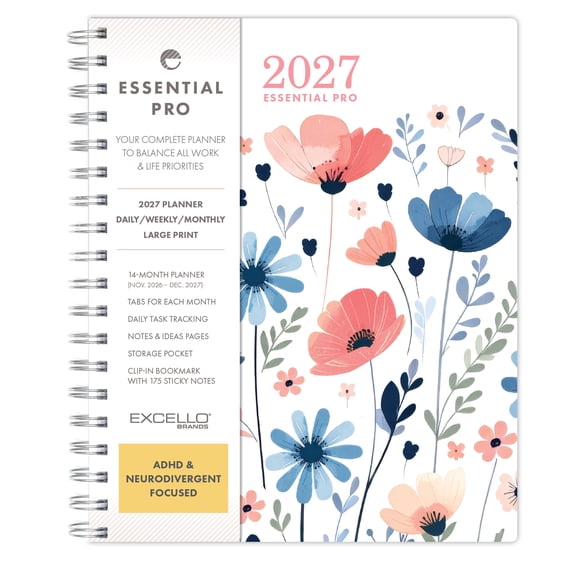 Excello Essential Pro 2027 Weekly & Monthly Planner, 7" x 9", 14-Month Calendar Nov 2026-Dec 2027, Monthly Tabs, Notes Pages, Storage Pocket, Bookmark & Sticky Notes, Colorful Botanicals