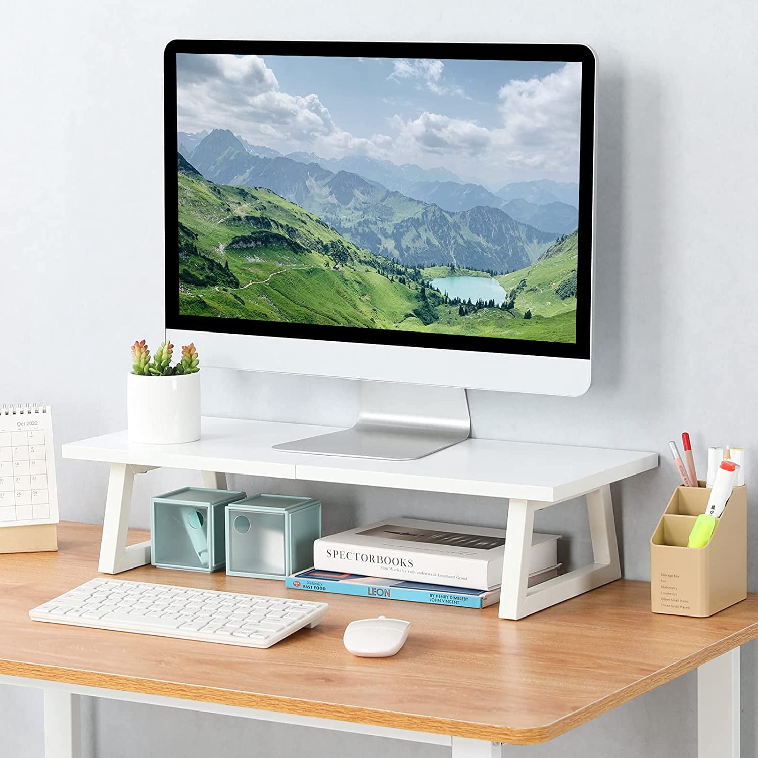 24 inch Monitor Stand Riser, White Wood & Steel Computer Monitor Stand with Storage, Laptop, PC, Printer Stand Riser for Desktop Office Desk Organizers