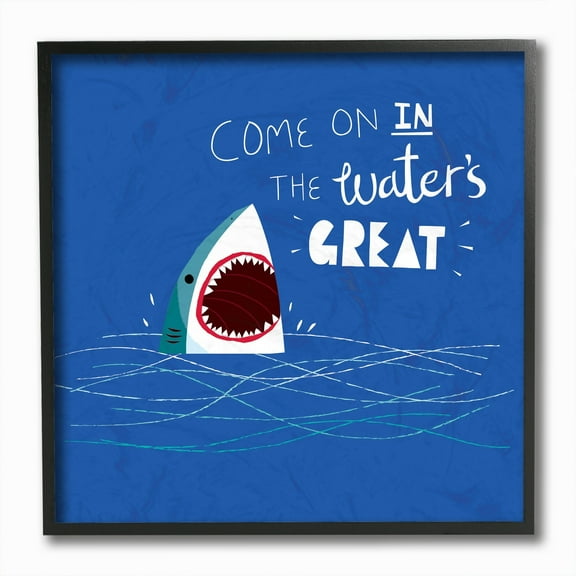 Stupell Industries The Waters Great Phrase Beach Shark Swimming Joke Framed Wall Art Design by Michael Buxton, 12" x 12", Black Framed