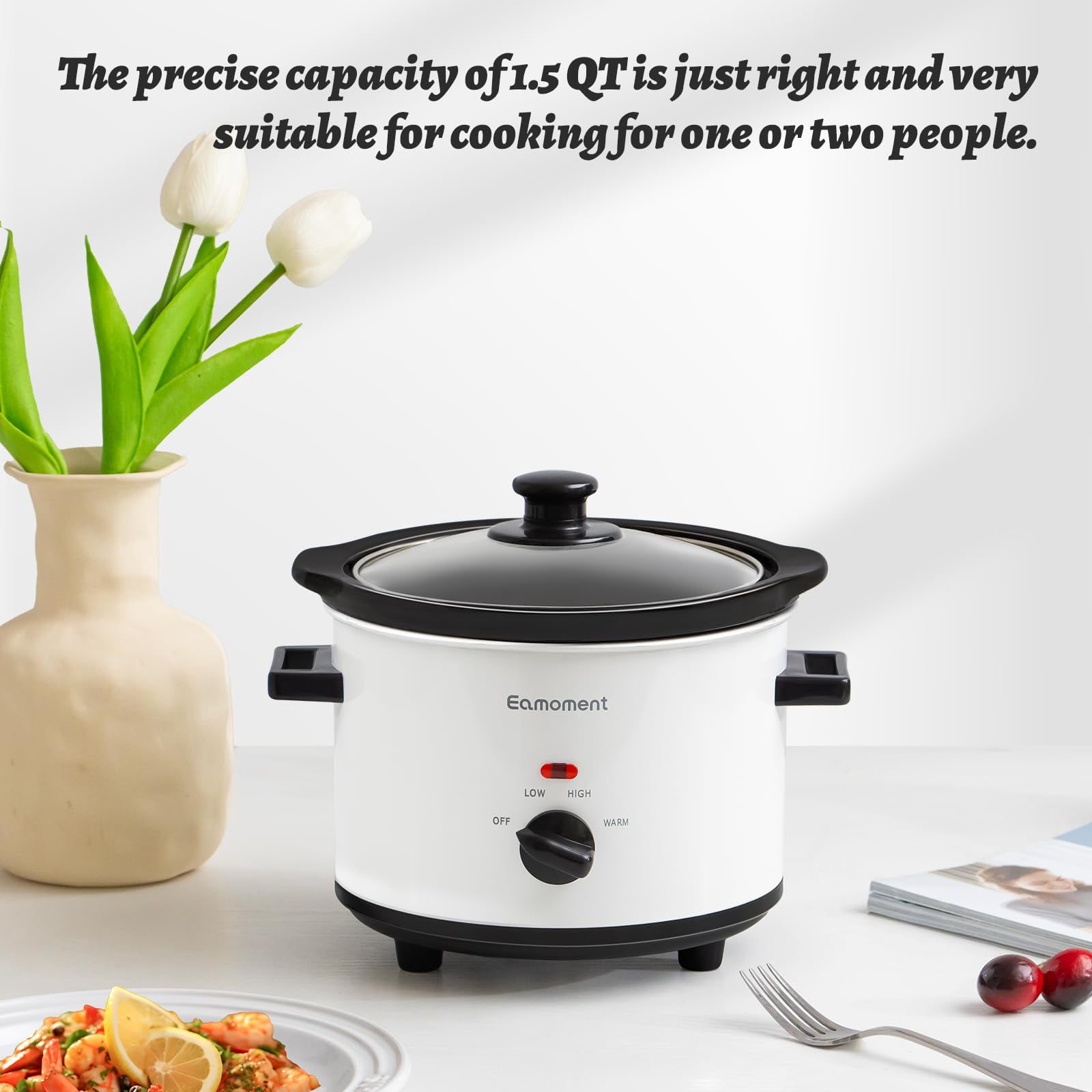 Small Slow Cooker, 1.5 Quart Mini Ceramic Pot Adjustable Temperature/Main Dishes/Sauces/Stews and Dishwasher-Safe Glass Lid and Pot, White