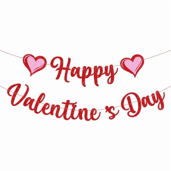 Red Glittery Happy Valentine's Day Banner and Red Pink Glittery Hearts Banner Valentine's Day Banner Garland with Heart Signs Valentines Day Party Decorations for Valentines Wedding Anniversary