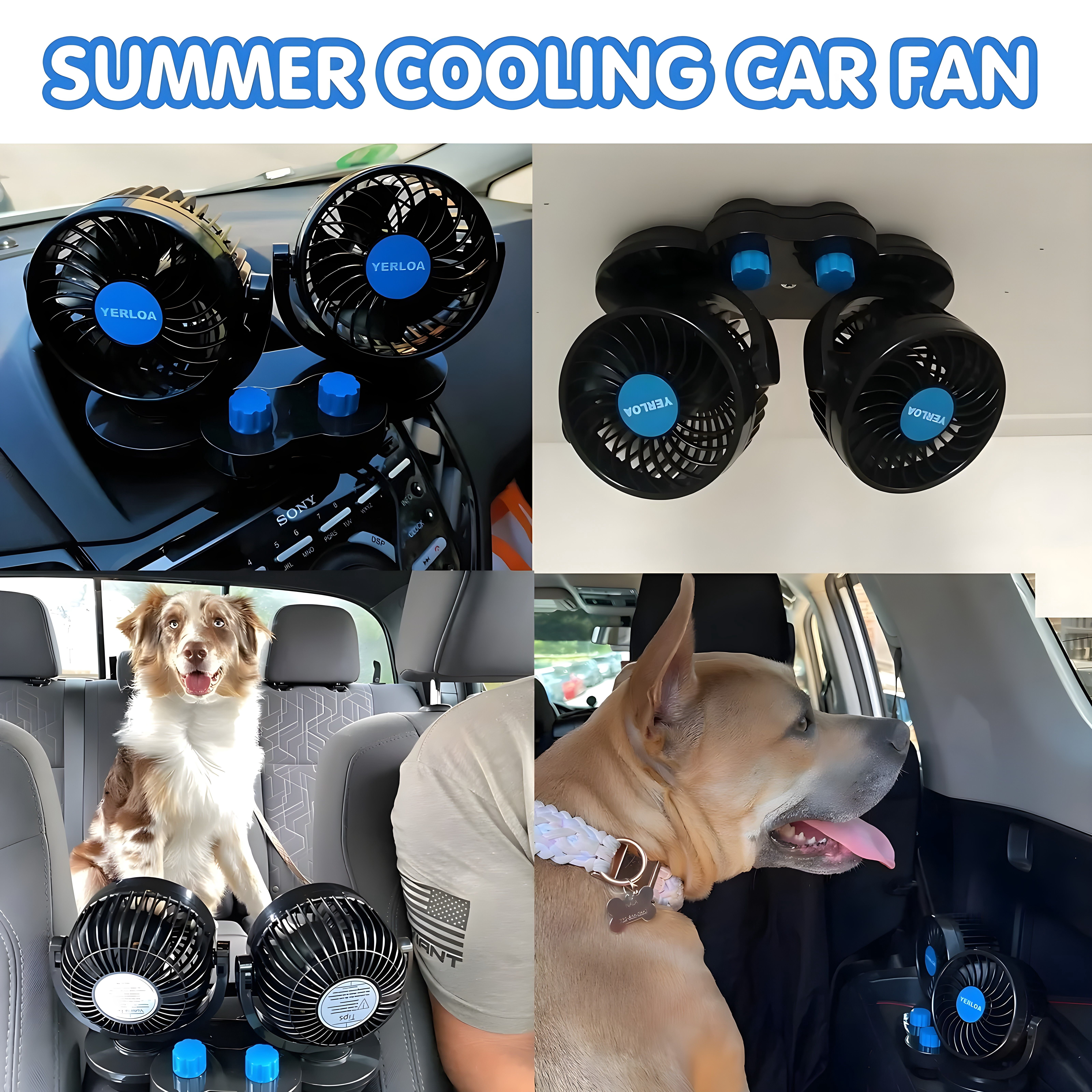 Yerloa Car Fan, 12 Volt Fans for Vehicles, 360 Degree Rotatable Car Fan Cooling Air Fan, Quiet Strong Dashboard Car Fans for Cooling Inside Car, Electric 2 Speed Dual Head Fan for SUV, RV, Vehicles