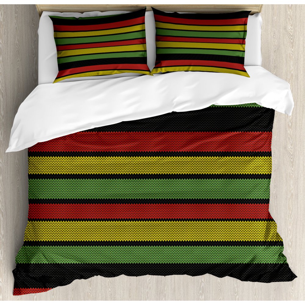 Jamaican Duvet Cover Set, Knitted Effect Rastafarian Stripes Abstract