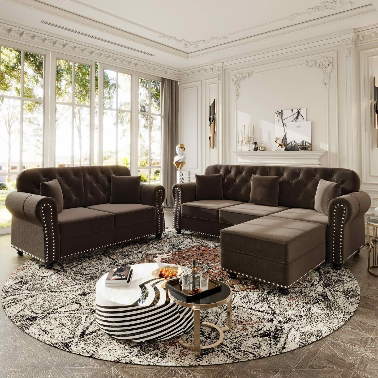 MAYEERTY Velvet Chesterfield 2&3‑Seat Sofa Set, Mid‑Century Modern Couches with Button Tufting, Nailhead Trim and Rolled Armrests, Comes with 1 Ottoman for Home Living Room