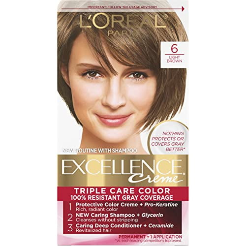 L'Oreal Paris Excellence Creme Permanent Triple Care Hair Color, 6 Light Brown Hair Dye Kit