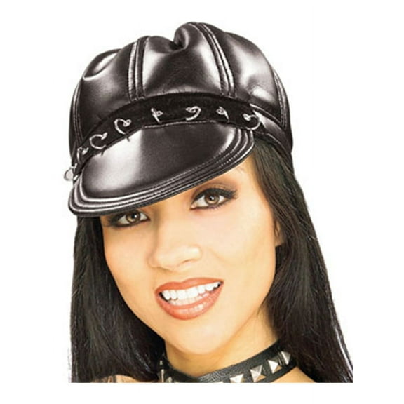 Black Vinyl Biker Punk Costume Hat With Hoops