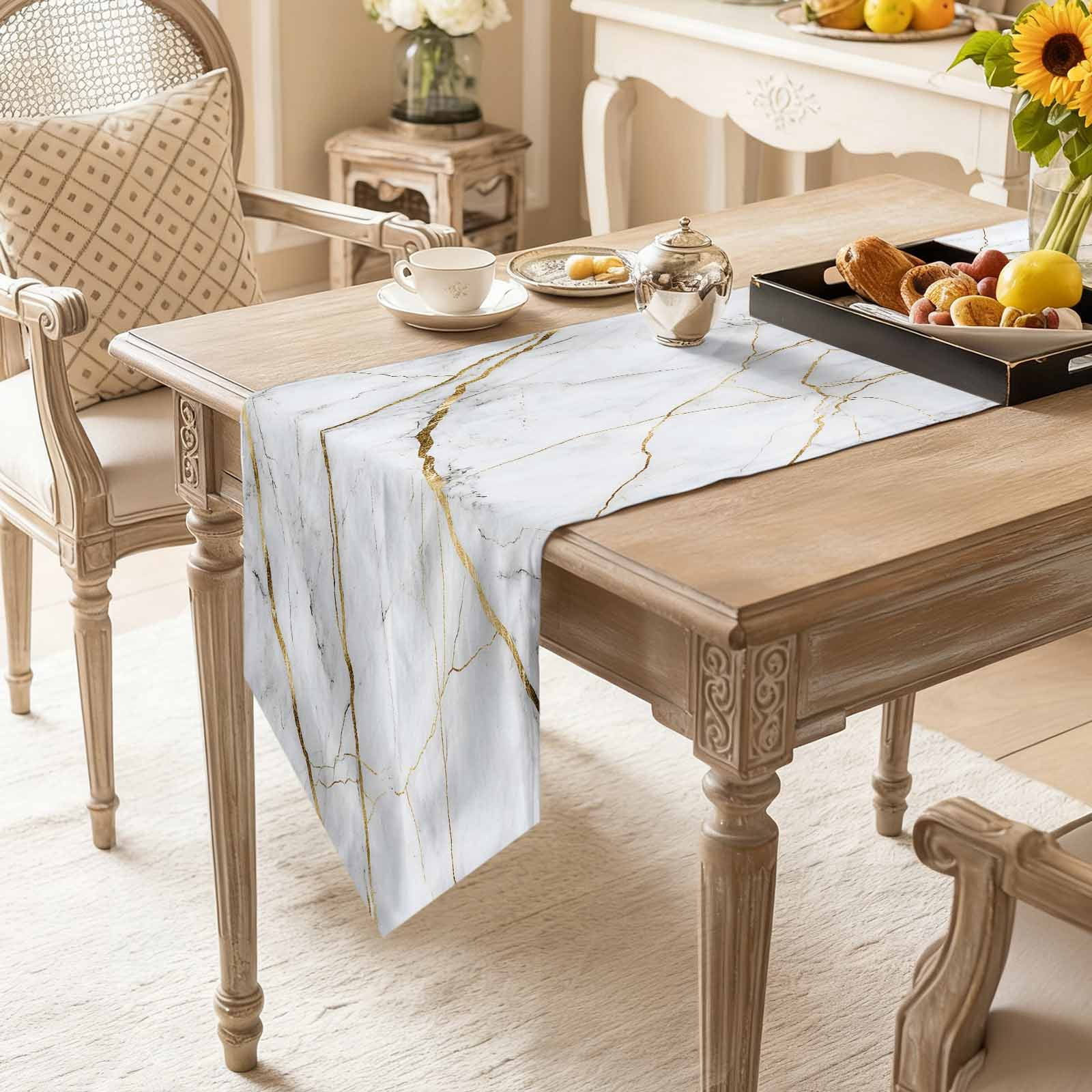 Gray Marble Table Runner 120 Inches Long Gold Lines Abstract Crack Modern Art Table Runners for Dining Room Tabletop Dresser Scarf Home Party Banquet Wedding Holiday Decoration