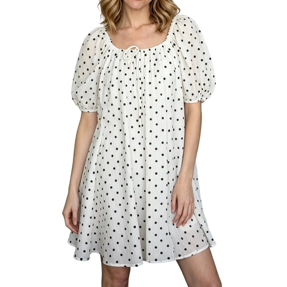 LMLYSoH Women's Summer Mini Dress Puff Short Sleeve Square Neck Elegant Dot Print A Line Dress