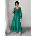 thumbnail image 4 of Emerald Green Square Neck Smocked Long Sleeve A-Line Ruffle Hem Midi Dress For Women, 4 of 6