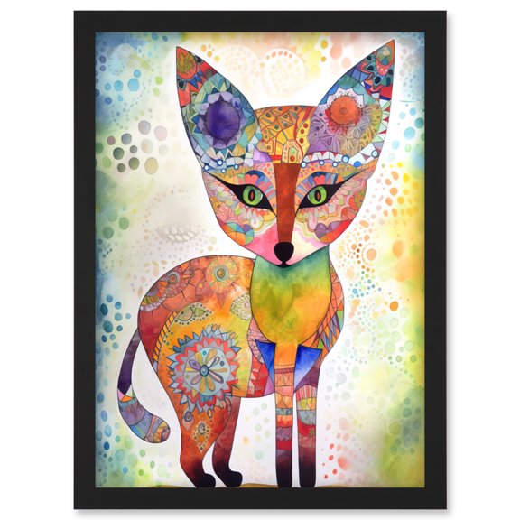 Fox Folk Art Watercolour Painting Artwork Framed Wall Art Print A4