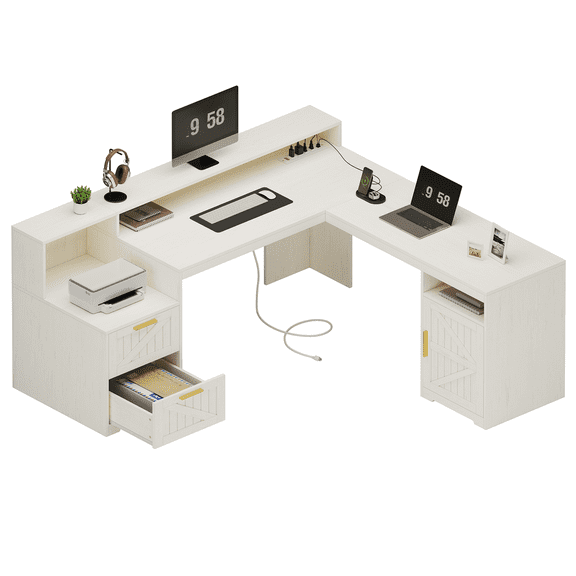 63" Farmhouse L Shaped Executive Desk with Drawers & Storage Shelf, Corner Computer Desk with Power Outlets, L Shaped Office Desk with Monitor Stand, Printer Shelf, White