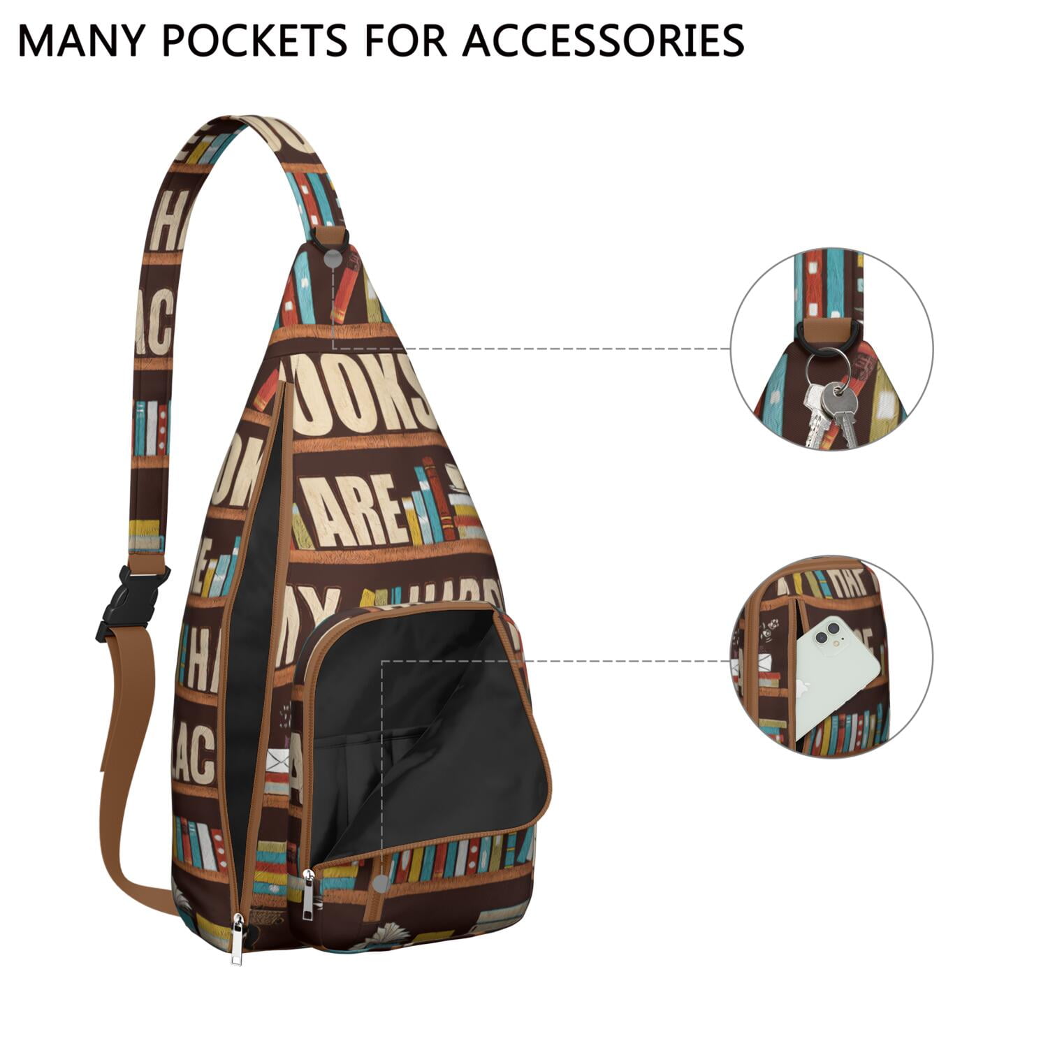 Book Lover's Crossbody Sling Bag - Waterproof Lightweight Chest Pack with Bookshelf Print Design, Perfect Reading Companion for Travel & Daily Use (Born to Read Inspired)