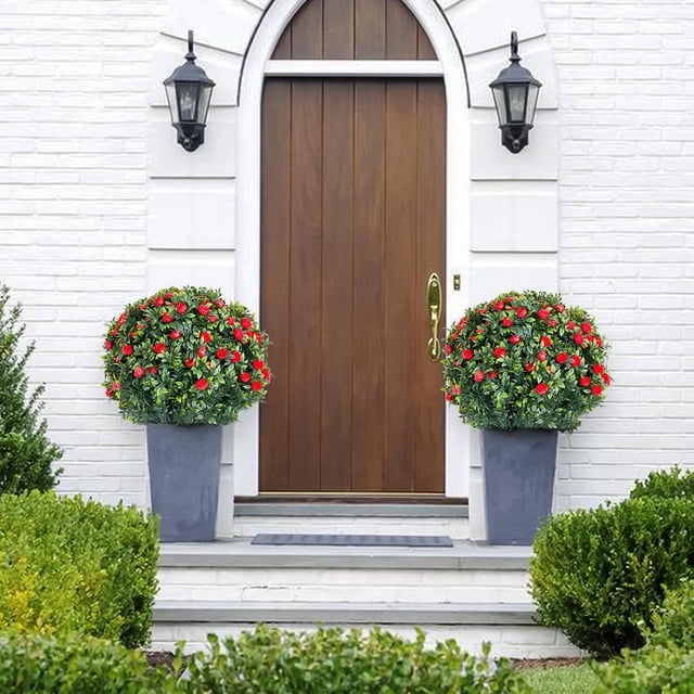 23in artificial topiary flower con ground spike-2 pack of pe fake plants con metal stakes y rose flowers red para indoor y outdoor use