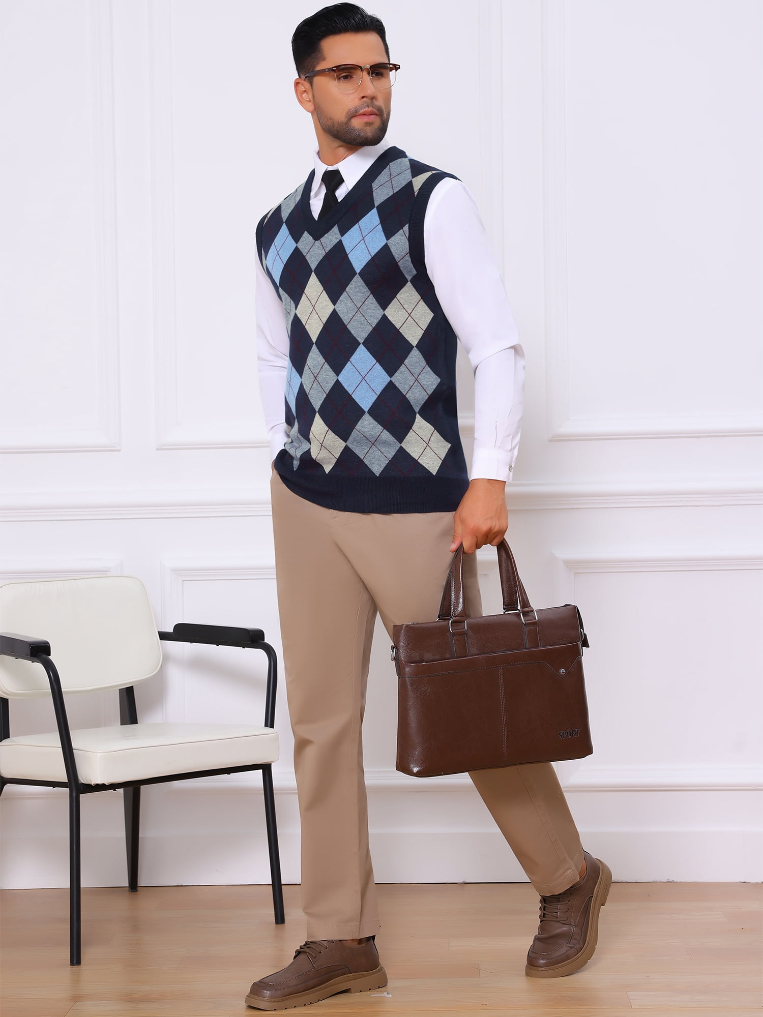 DARING DIVA Men's Casual Knit Sleeveless V-Neck Plaid Argyle Sweater Vest S Navy Blue