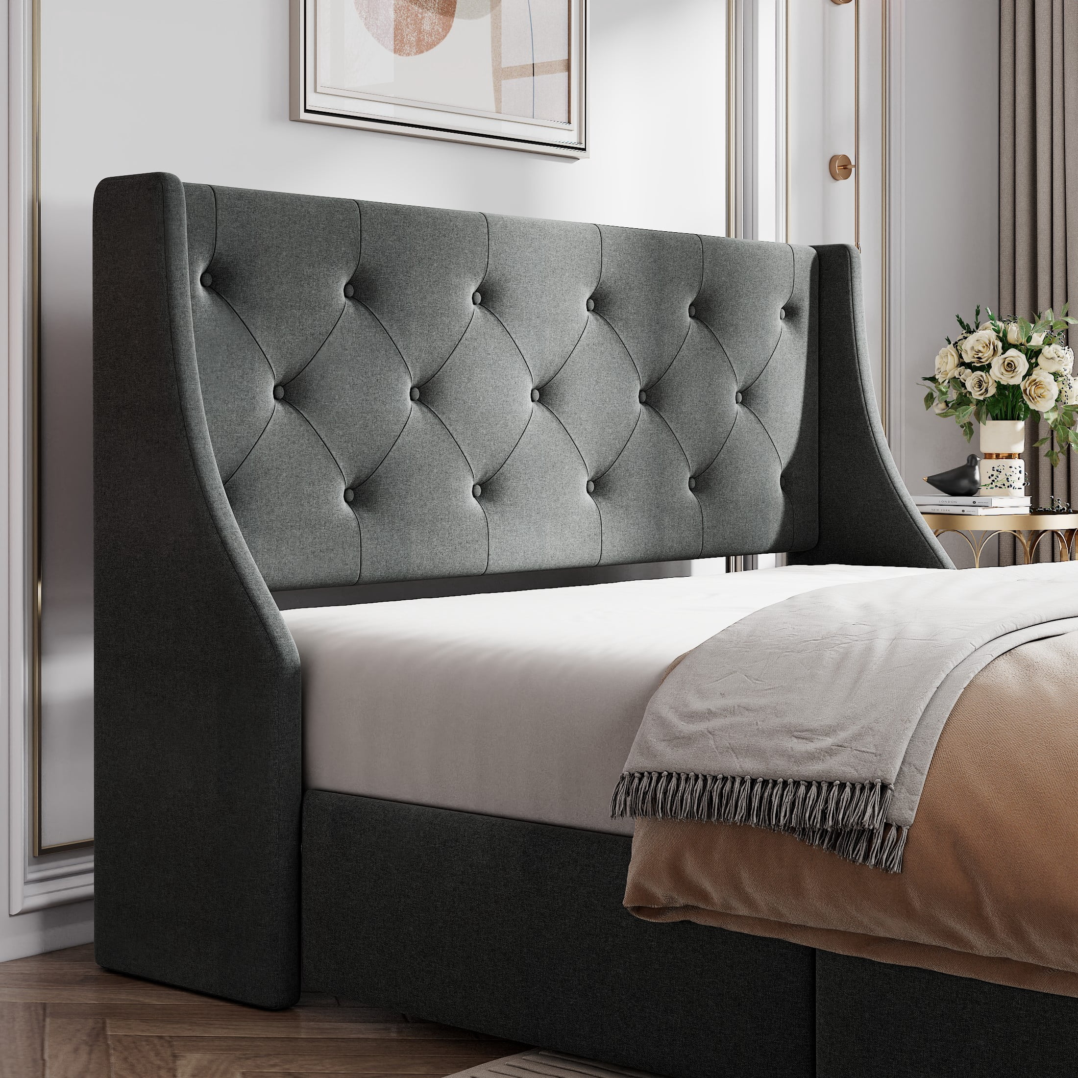 Amolife Queen Size Upholstered Platform Bed Frame with 4 Storage Drawers & Fabric Tufted Wingback Headboard, Dark Gray