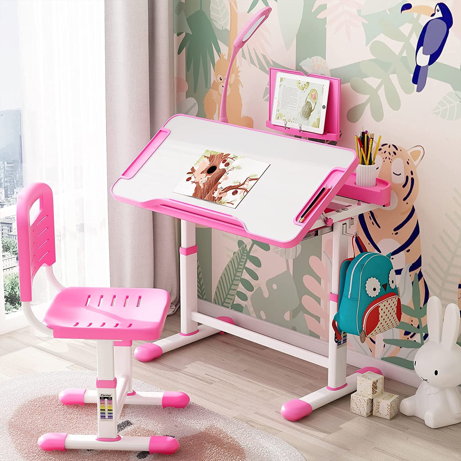 Adjustable Children's Desk and Chair Set Child Kids Study Table W/ LED Lamp Set 