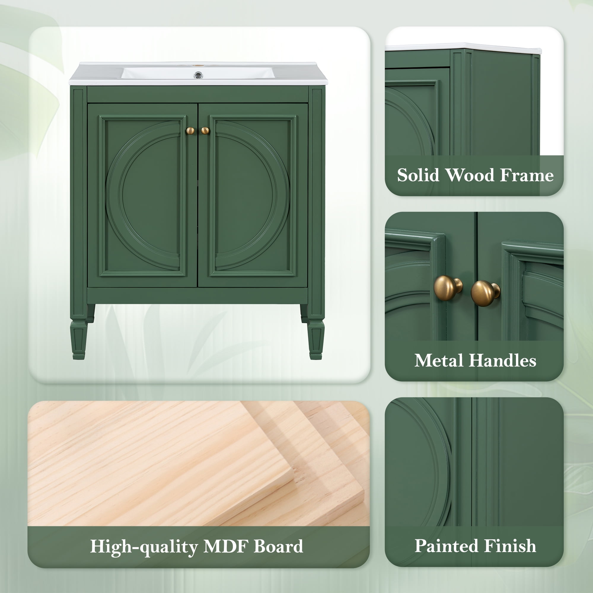 30" Bathroom Vanity with Sink, Two Doors with Shelf, Soft Close Door Hinges, Vintage Style, Green