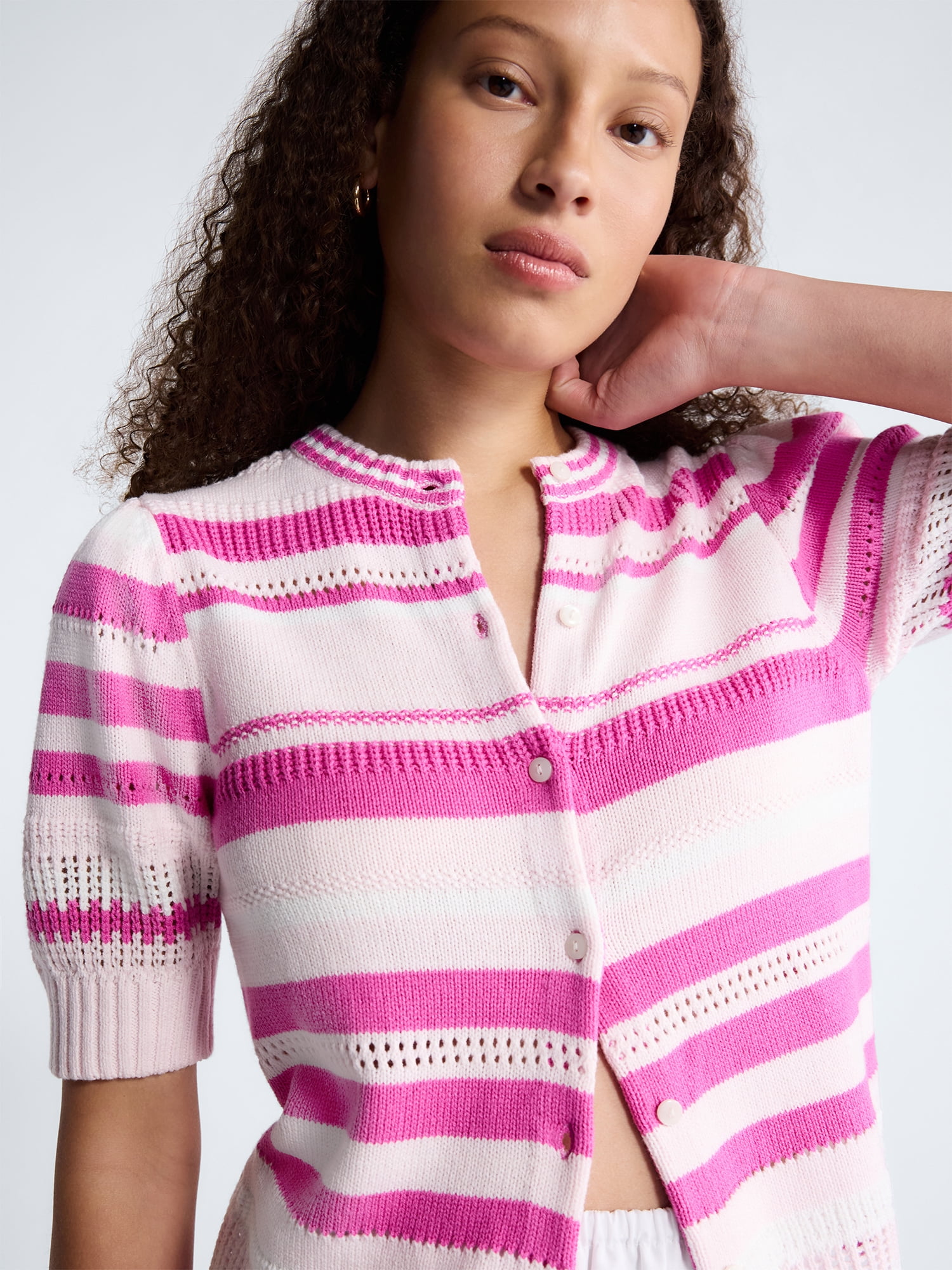 Free Assembly Women's Textured Stripe Cardigan Sweater with Short Puff Sleeves, Lightweight, Sizes XS-XXL