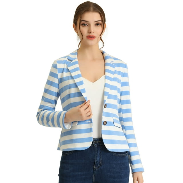 Blazer a rayas con cierre de botón y bolsillo con solapa con muesca para mujer Azul Claro XS