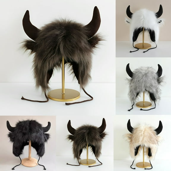 Faux Fur Trooper Hat for Women Men Furry Buffalo Hat with Horns Furry Earmuff Winter Trooper Hats Fluffy Earflap Hat 2026