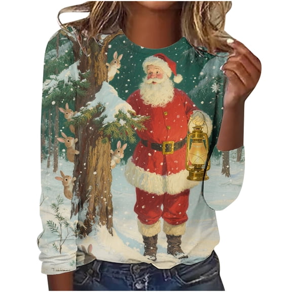asdoklhq Fall Tops for Women 2025 Christmas Women's Christmas Printed Round Neck Long Sleeved Hooded Top/shirt Red 3X