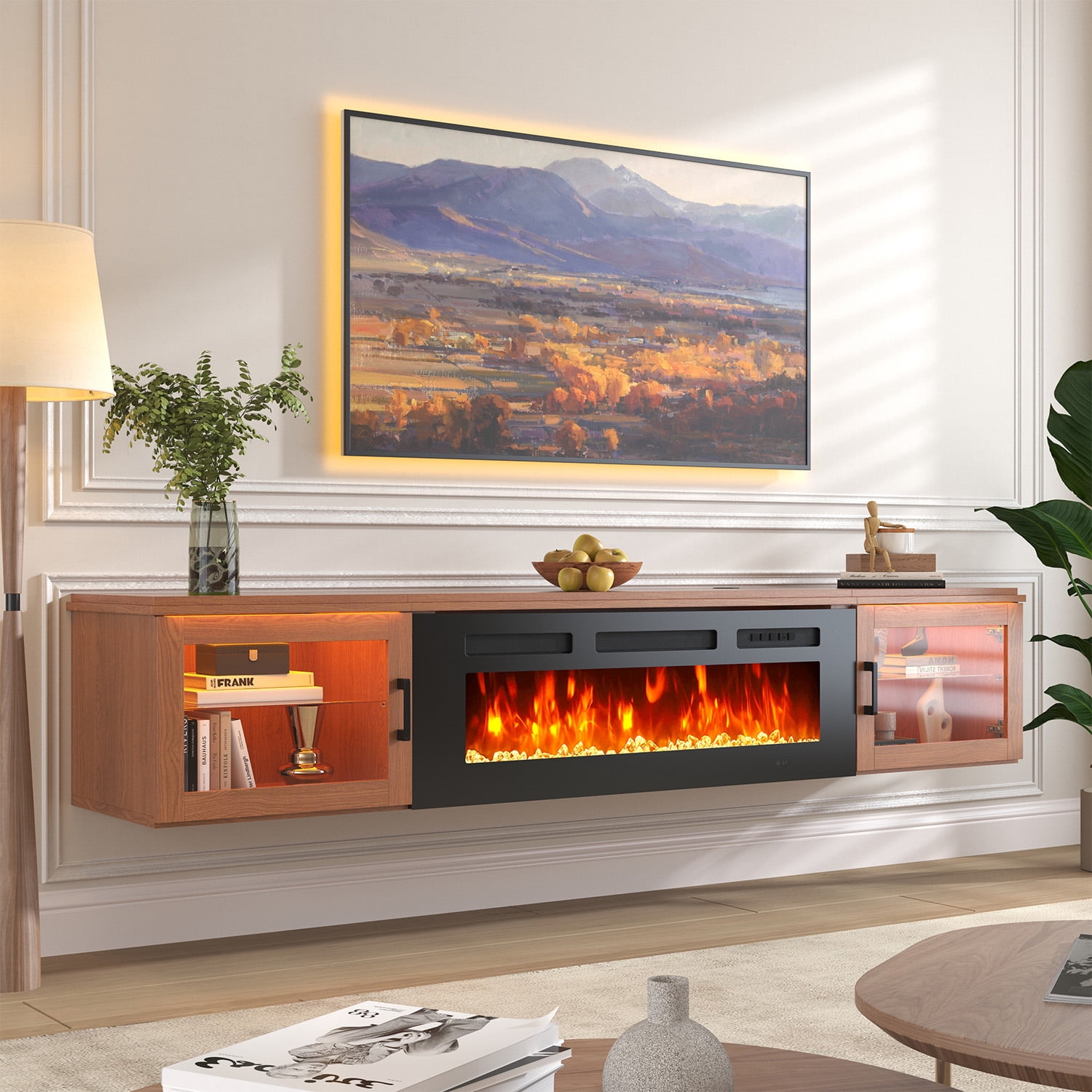 Sonegra Floating Fireplace TV Stand for TVs up 80", Wall Mounted Fireplace Entertainment Center, 70" Console Table with Electric Fireplace, Brown, WI-FI Enabled