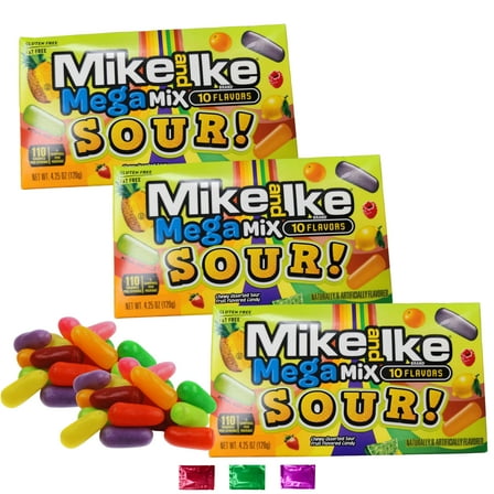 Mike and Ike Mega Mix Sour 10 Flavors, Chewy Fruit Candy, Party Favor Stocking Stuffers Trick or Treat Gift, Birthday Christmas Halloween Holidays, 4.25 oz 3 Box w/ Bonus Snoep in Beperkte Oplage