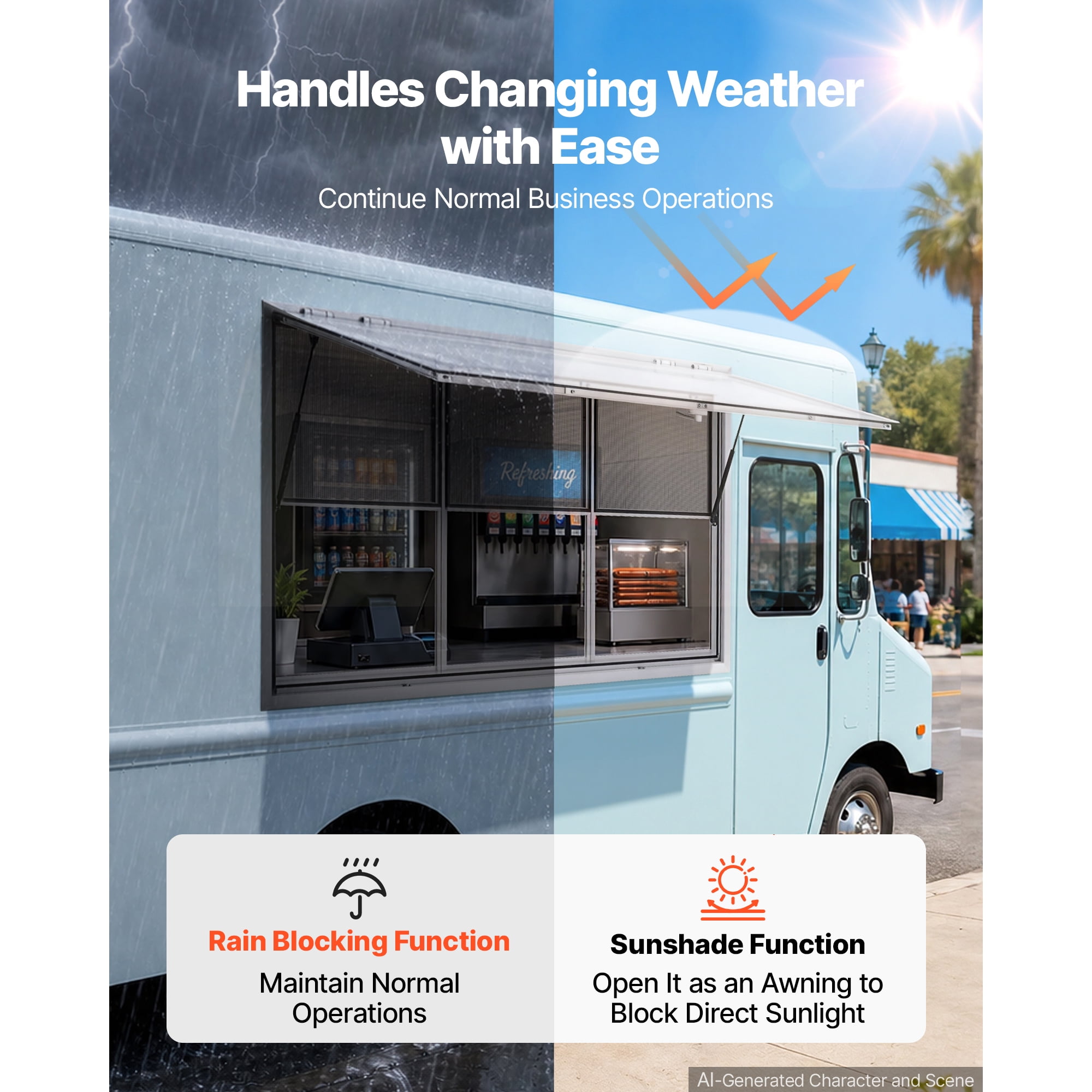 KFFKFF Concession Window 74x40 in Aluminum Alloy Service Window, Designed for Food Trucks, Features 3 Fixed and 3 Sliding Panels, Awning Door with Drag Hook, and Water-Resistant Construction