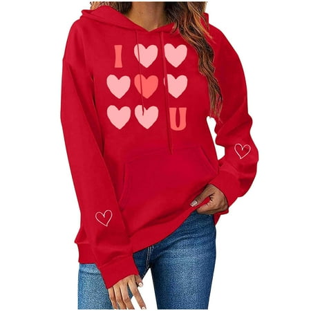 aohooy Hoodies for Women Graphic Design Funny Plus Size Valentines Day Drawstring Sweatshirts with Pocket Casual Pullover Tops Red M