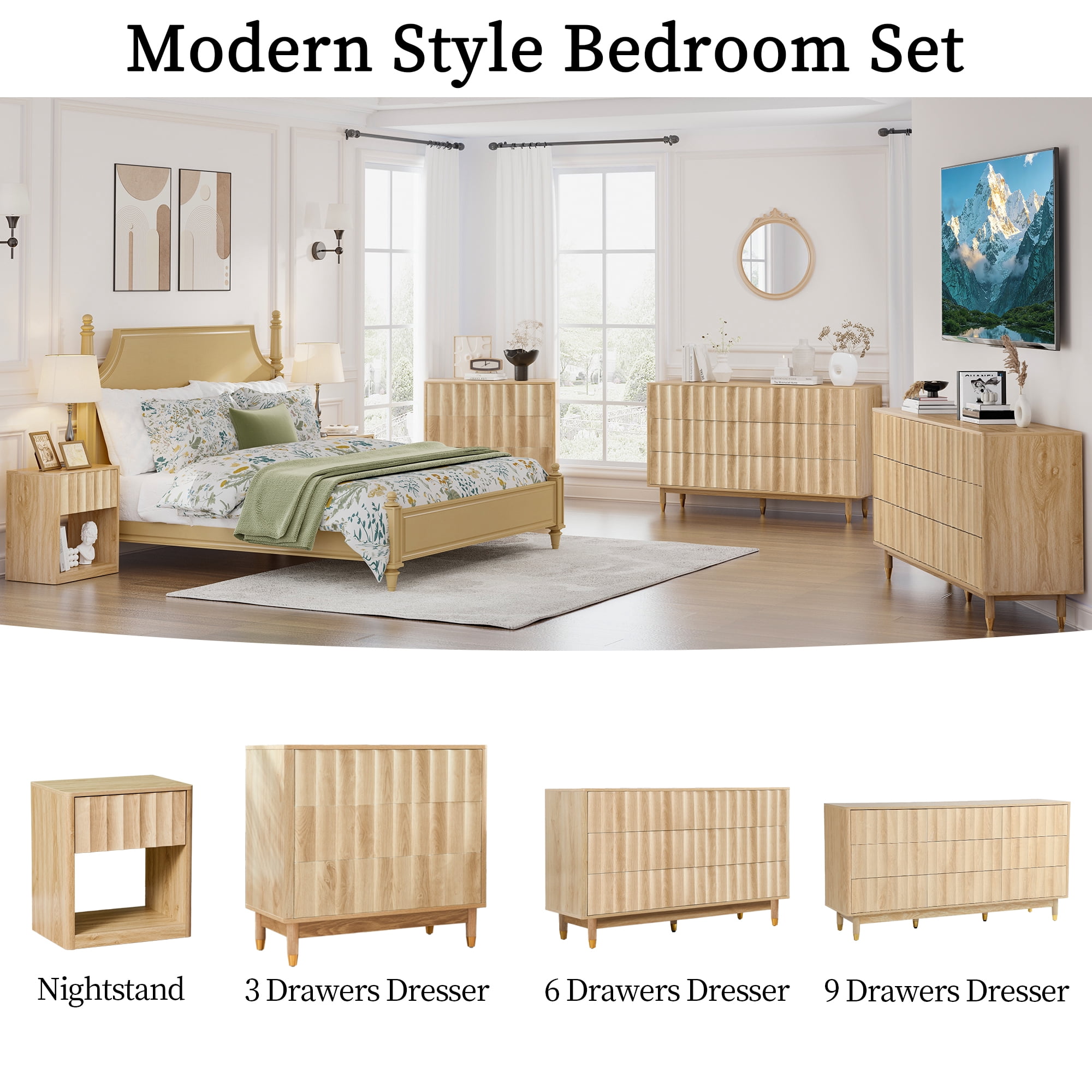 LEFHDA Fluted 9-Drawer Dresser for Bedroom with Deep Drawers, 60" Wide Mid Century Modern Chest of Drawers, Wooden Dresser TV Stand for Living Room, Hallway, Closet (Oak)