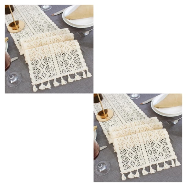 Billuyoard Camino de de encaje de ganchillo de algodón transpirable blanco lujoso y respetuoso con el medio ambiente cómodo blanco 24*240 cm blanco 24*240cm 2Conjunto