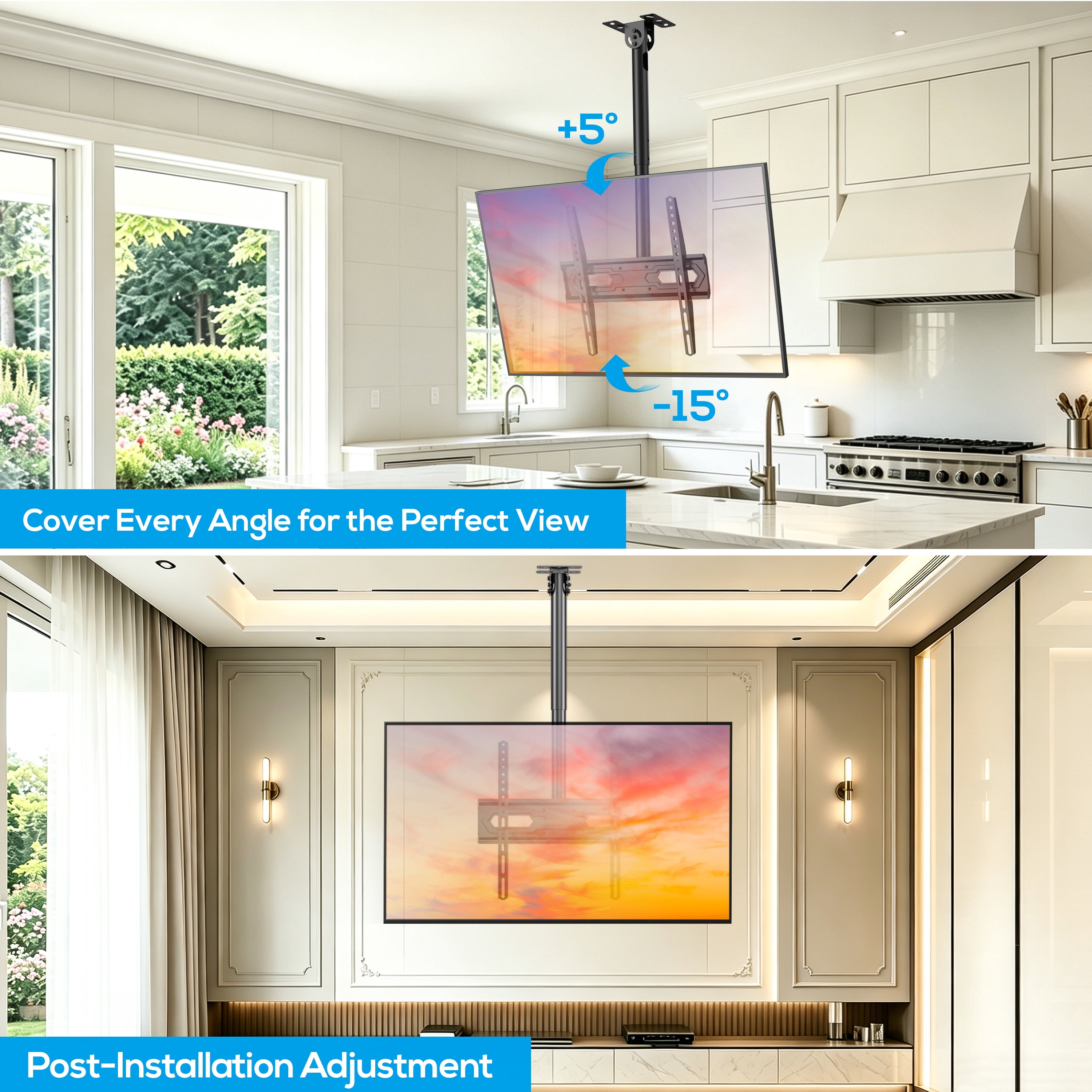 USX MOUNT Ceiling TV Mount for 26-74 inch TVs & Supports up to 110 Lbs, 360° Swivel, 6 Adjustable Height Setting, Full Motion TV Wall mount Max VESA 400x400mm