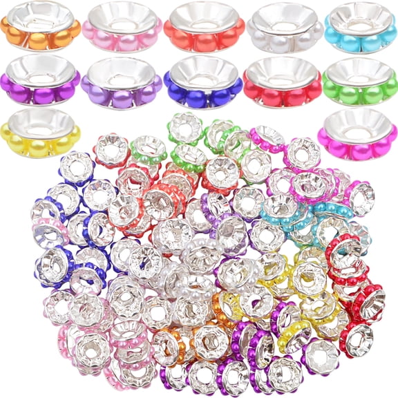 100pcs Pearl Rondelle Spacer Beads 10 mm Colorful Faux Pearls Brass Round Large Hole Loose Bead Spacers Accessories for DIY Bracelet Necklace Beaded Pens Jewelry Making