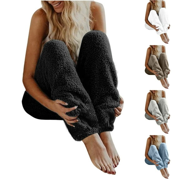 Feancey Womens Fuzzy Leggings Winter Warm Fleece Pajama Bottoms Cozy Soft Fluffy Lounge Pants Solid Color Casual Plush Pj Leggings Holiday Gifts Black XXL