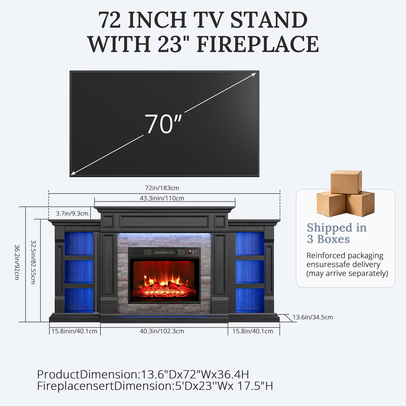 LGHM 72" Electric Fireplace TV Stand with Mantel, Farmhouse Entertainment Center for TVs up to 80" with LED Light, Black