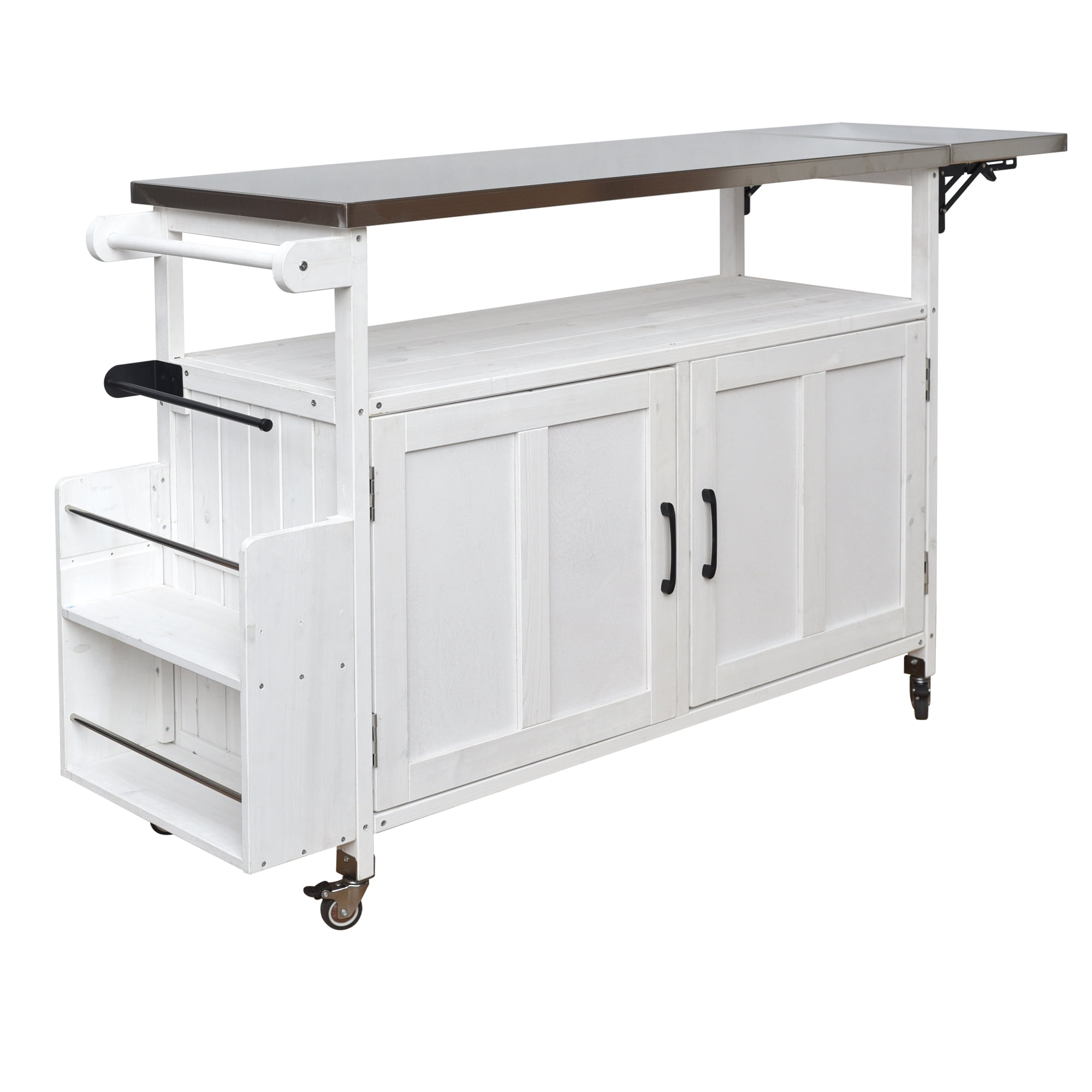 Harper & Bright Designs Outdoor Extendable Kitchen Island with Wheels, Patio Kitchen Cart with Foldable Stainless Steel Top, Portable Prep Station with Storage Cabinet and Towel Rack, White