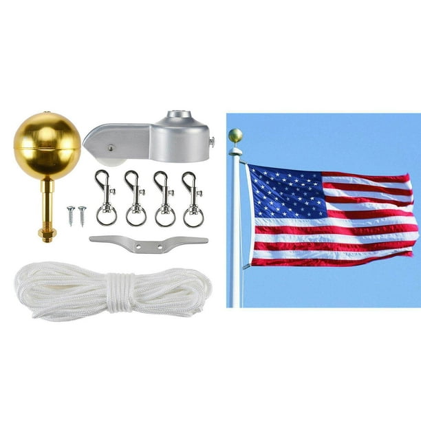 1pc Flag Pole Hardware Kit 3 Topper Halyard Rope Cleat Hook Gold Ball 4  Flagpole Swivel Snap Clips
