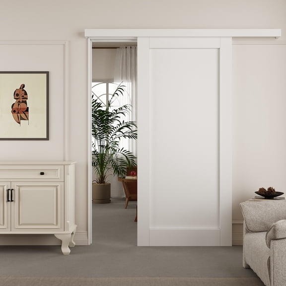 36" x 80" Hidden Style Track Solid Manufactured Wood Panel White Primed Sliding Barn Door With Installation Hardware Kit(No Assembly Required)