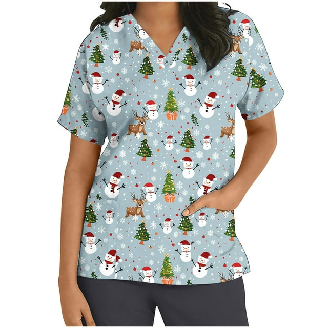 Hauts de Noël pour Femmes, Imprimé Xmas Drôle, Manches Courtes, Anti-Rides, Col en V, Uniforme de Soins Infirmiers avec Poches