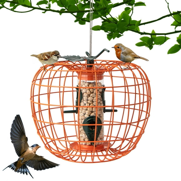 Costway Squirrel-Proof Pumpkin Bird Feeder with Cage 4 Metal Ports 4 Perches Drainage Hole Orange