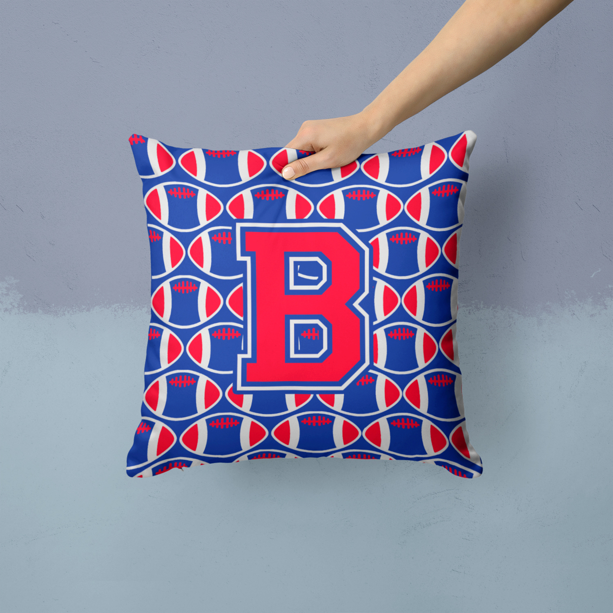 Letter B Football Harvard Crimson and Yale Blue Fabric Decorative Pillow