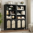 thumbnail image 2 of Farmhouse Bookshelves with Rattan Doors, 70" Tall Cutlery Shelves with Three Tiers of Open Storage, Floor Standing Display Shelves, Bookcases for Home, Office, Living Room, Black, 2 of 7