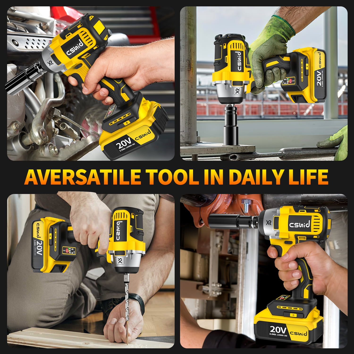 Cshidworld Cordless Impact Wrench 1/2", 20V Powerful Brushless Motor w/ 2-Mode Speed, Power Impact Wrench W/ 5 Sockets,8 Drill,6 Screws, Max Torque 280 ft-lbs (380N.m), Includes 2 x 3.0A Batteries