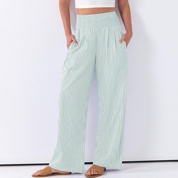 Striped Palazzo Pants for Women Summer High Waisted Wide Leg Casual Lounge Trousers with Pockets Cute Gingham Beach Pants Mint Green S