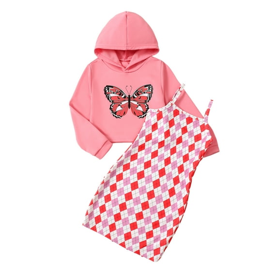 KIMI BEAR 13 Years Big Girls Dress Sets 14 Years Big Girls Outfits Block Print Sleeveless Slim Dress Butterfly Long Sleeves Hooded Top 2pcs Clothing Sets Pink